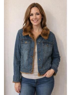 Marvin Richards Blue Denim Jacket with Brown Faux Fur - Women's Size Large